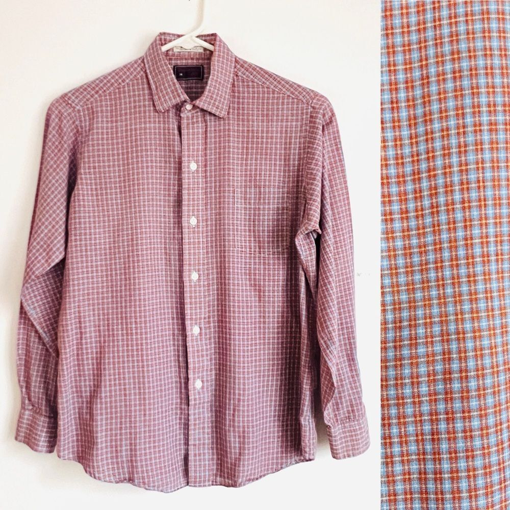80s Microplaid Button-down Shirt Small / Medium Red Blue Hathaway Vintage